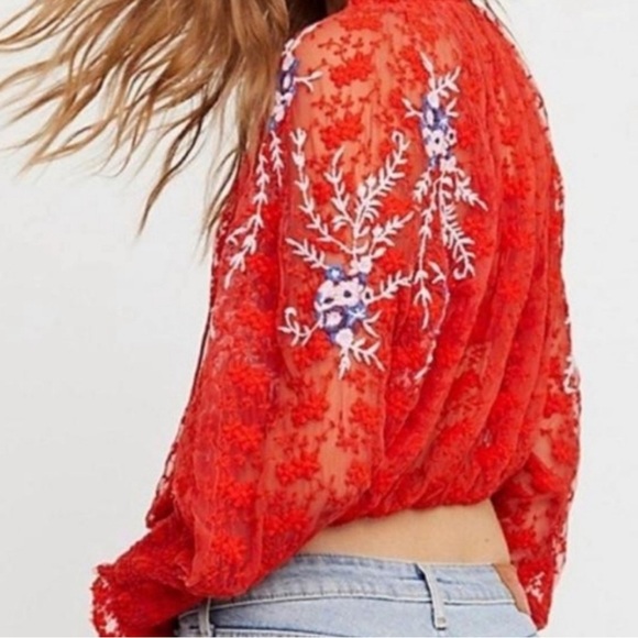 Free People Embroidered Orange Lace Blouse Sheer Boho Floral Hippie Festival - Picture 2 of 15
